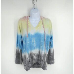 Theo & Spence Tie-Dye Hooded Sweatshirt V-Neck Pullover Medium NWT $68